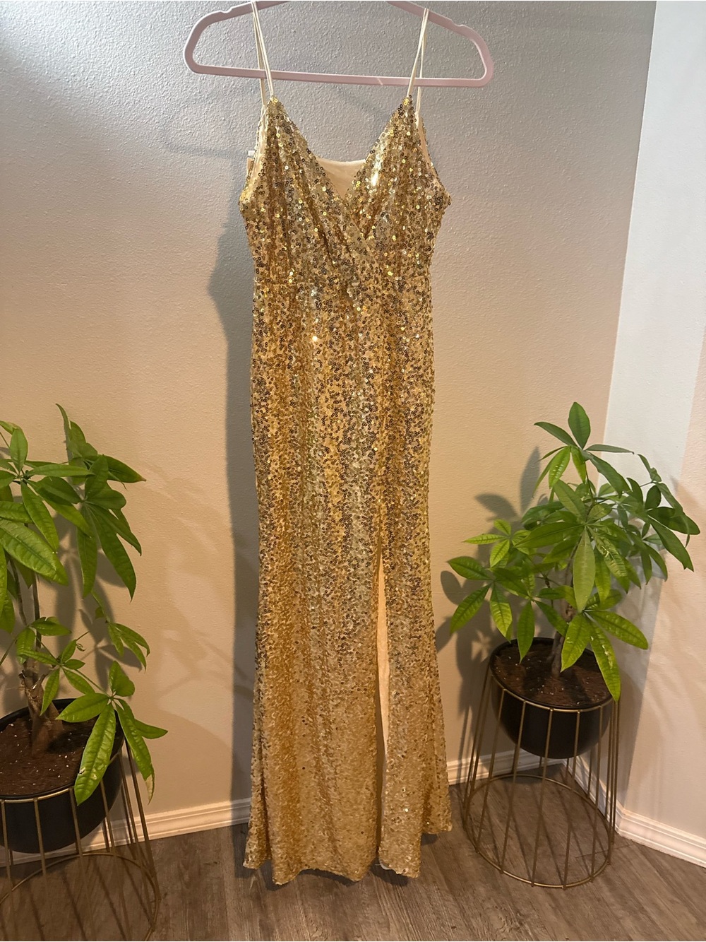 Gold Sequin Maxi Dress Formal Evening Gown Glam Party